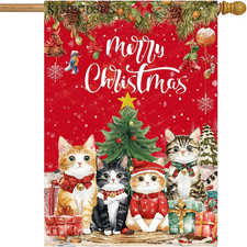 Double-Sided Christmas Cats House Flag 28x40 Inch for Outdoor Decor