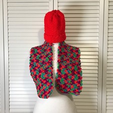 NWT Kids Handmade Crocheted Red Multicolor Textured Beanie Scarf 41