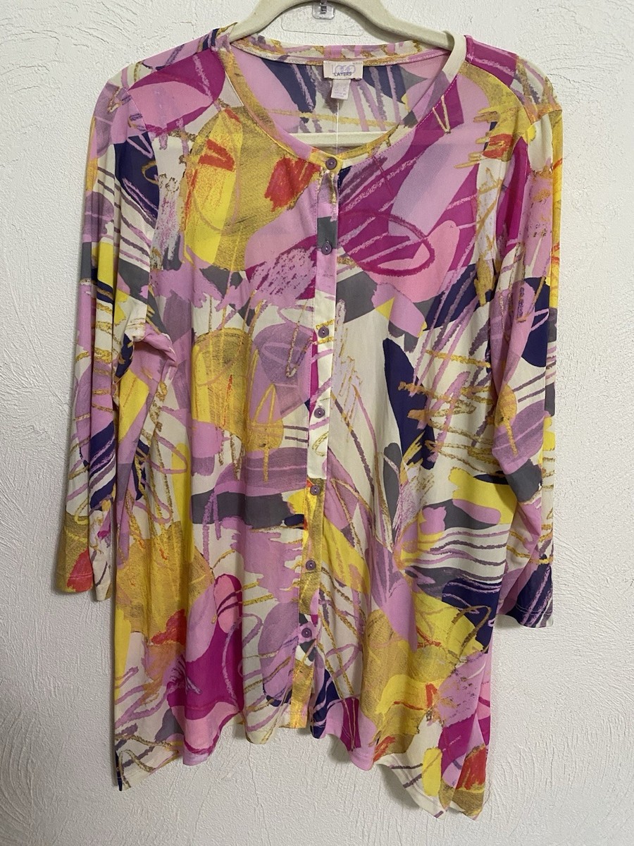 LOGO Lori Goldstein Womens Tunic Knit Top size large Floral Pink