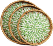 Round Rattan Serving Trays with Mother of Pearl Inlay, Set of 3, Green | Coffee
