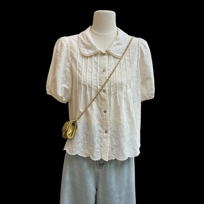 Women s Embroidered Peter Pan Collar Blouse   Cottagecore Puff Sleeve Shirt Top