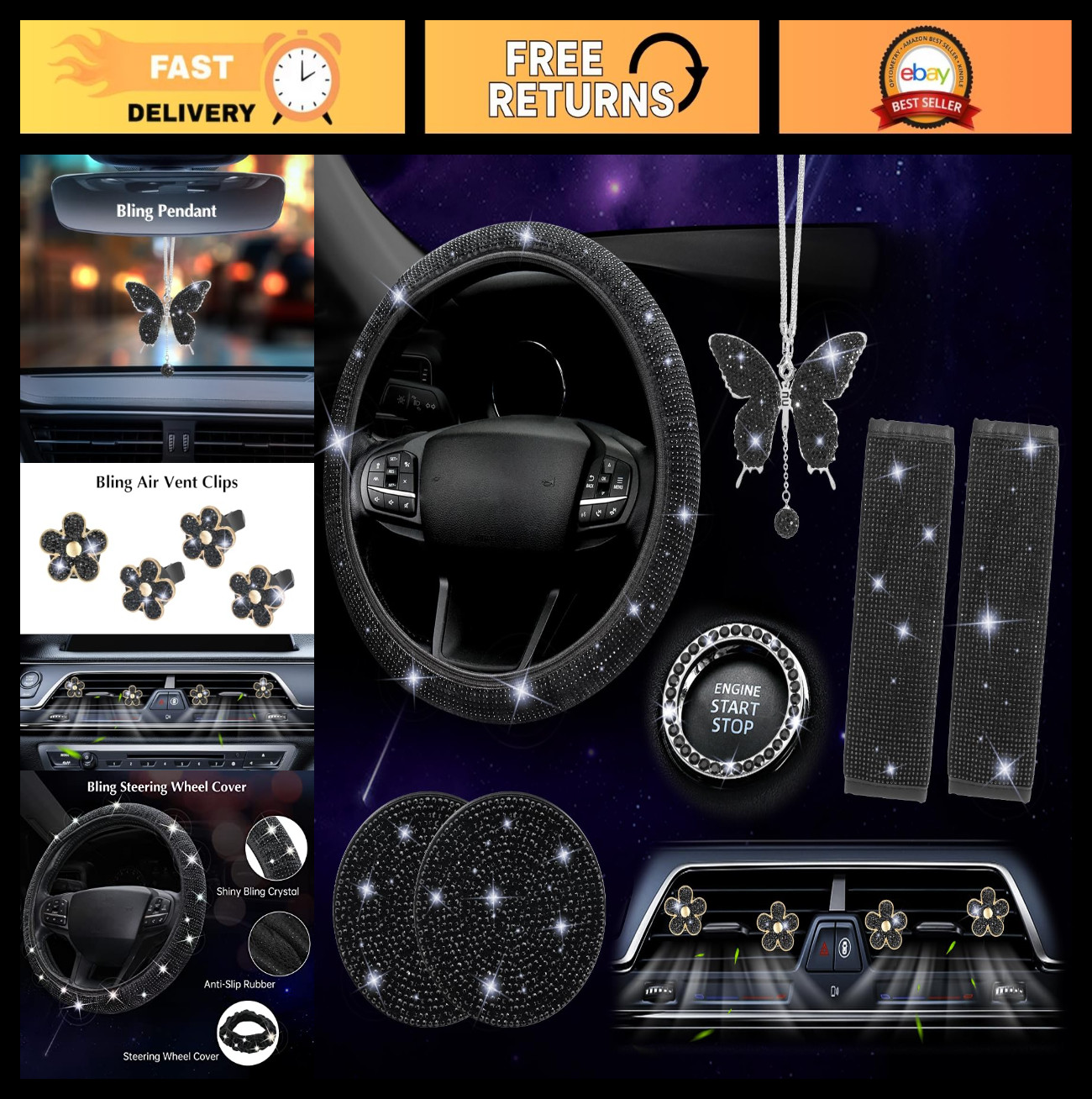 11 PCS Bling Car Accessories Set for Women - Steering Wheel Cover, Seat Belt Cov