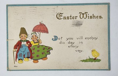 Antique Postcard Dutch Couple Easter Wishes Cartoon Early 1900 s