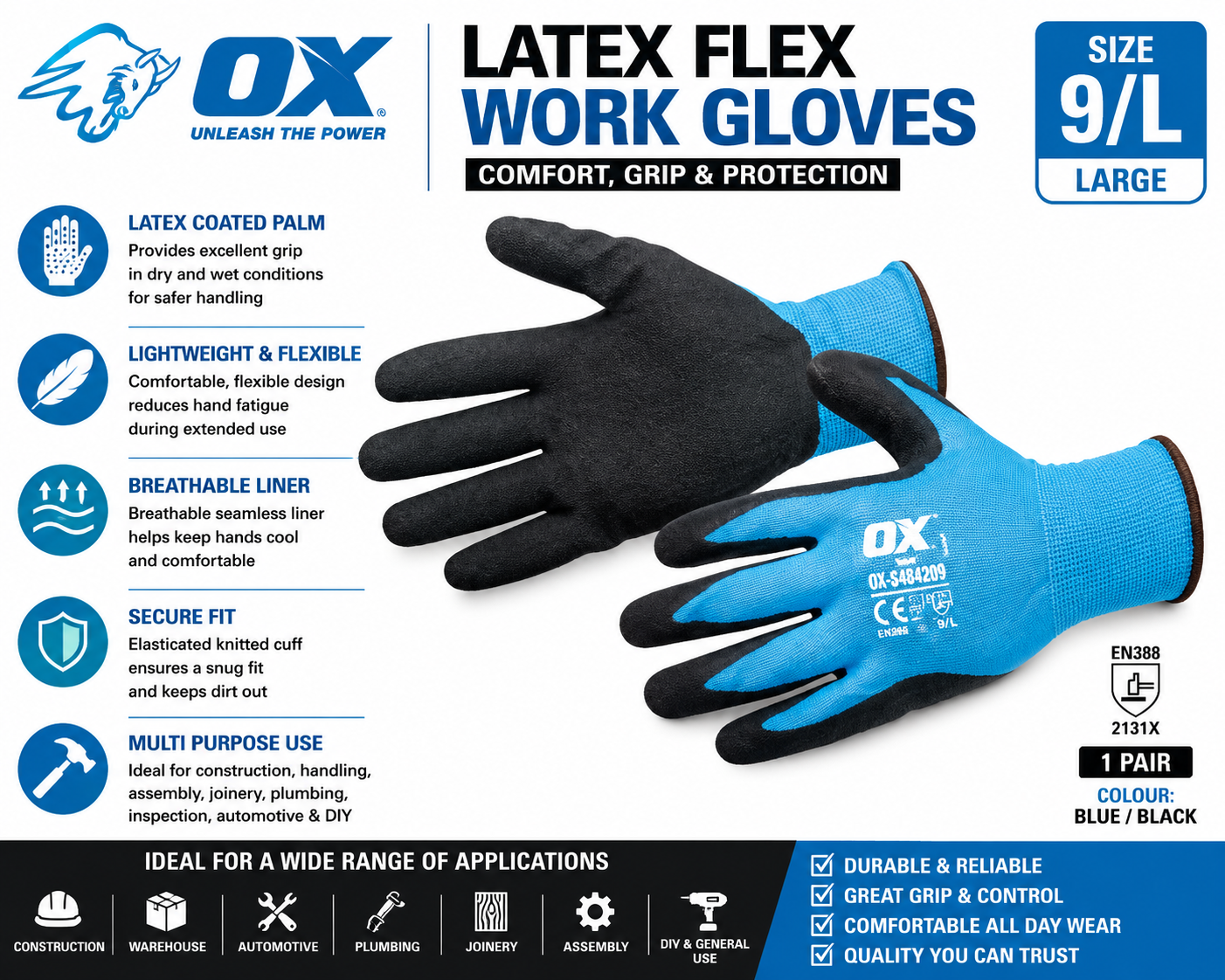 OX Latex Flex Work Gloves Size 9 Large Blue Black Safety Grip Pair - Image 2