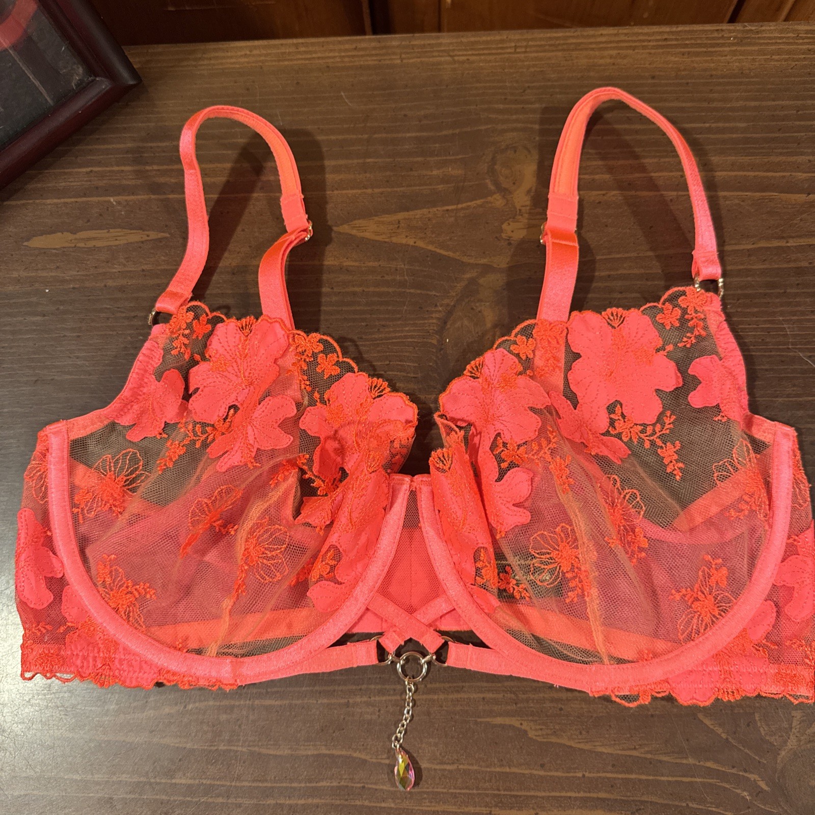 Honey Birdette Rue 38DDD Neon Pink Coral Bra Floral Embroidered Sheer Rhinestone