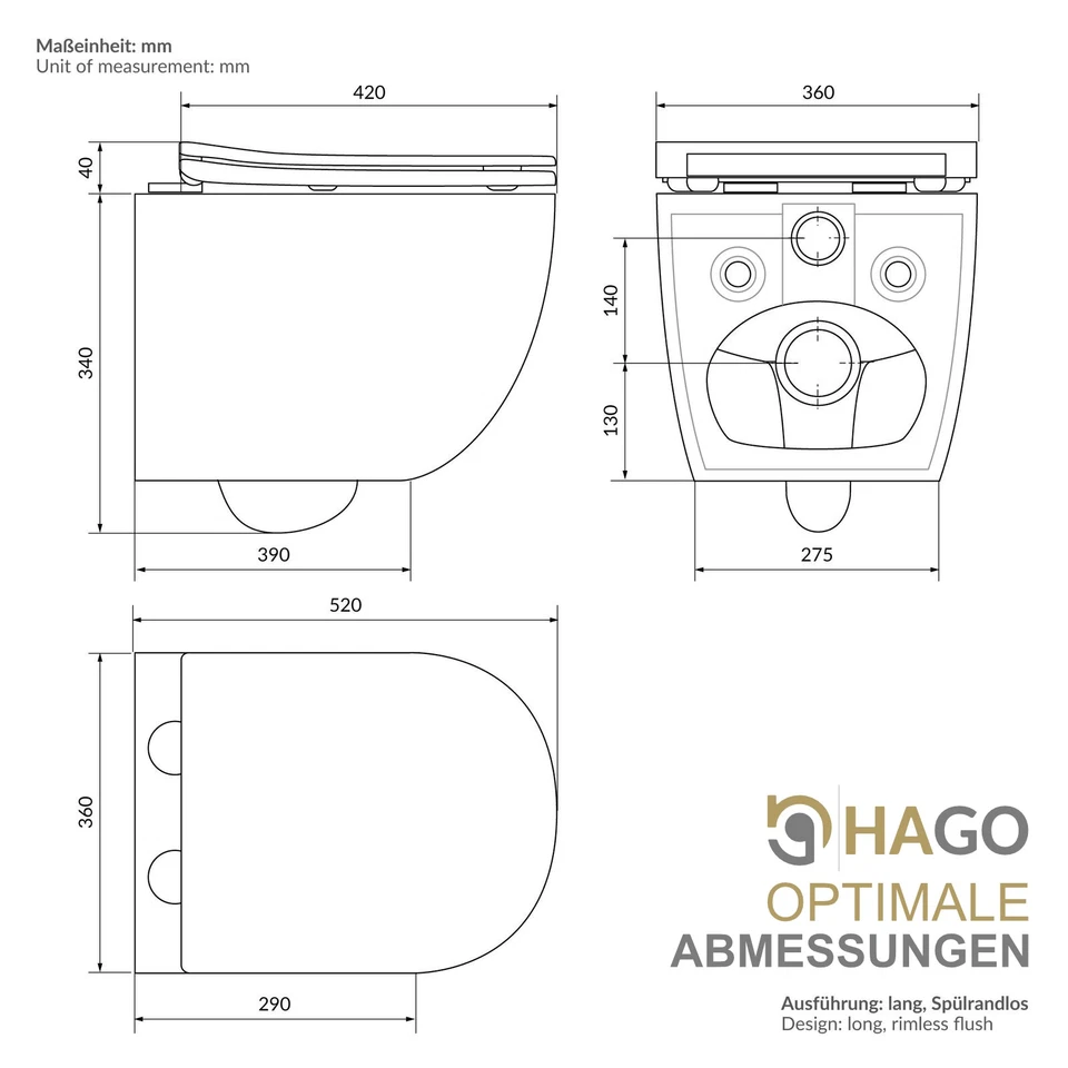 HAGO® Spülrandloses Hänge-WC Nano Lotus Effekt Soft-Close Toilette Wandmontage - Bild 4 von 4