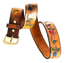 Vintage 1970s Hippie Hand Tooled/ Painted Floral Boho Leather Belt 33.5"x 3.3/8"
