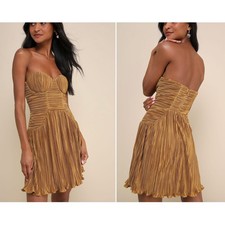 Lulus Deeply Glamorous Strapless Mini Dress Gold Plisse Drop Waist Large Party  