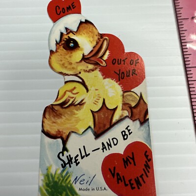 Vtg Valentine s Day Card Diecut Yellow Duck Chick Hatching Egg Shell 60s