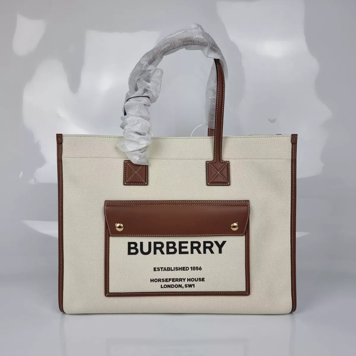 Burberry Medium Freya Natural/Tan Leather And Canvas Tote Bag New