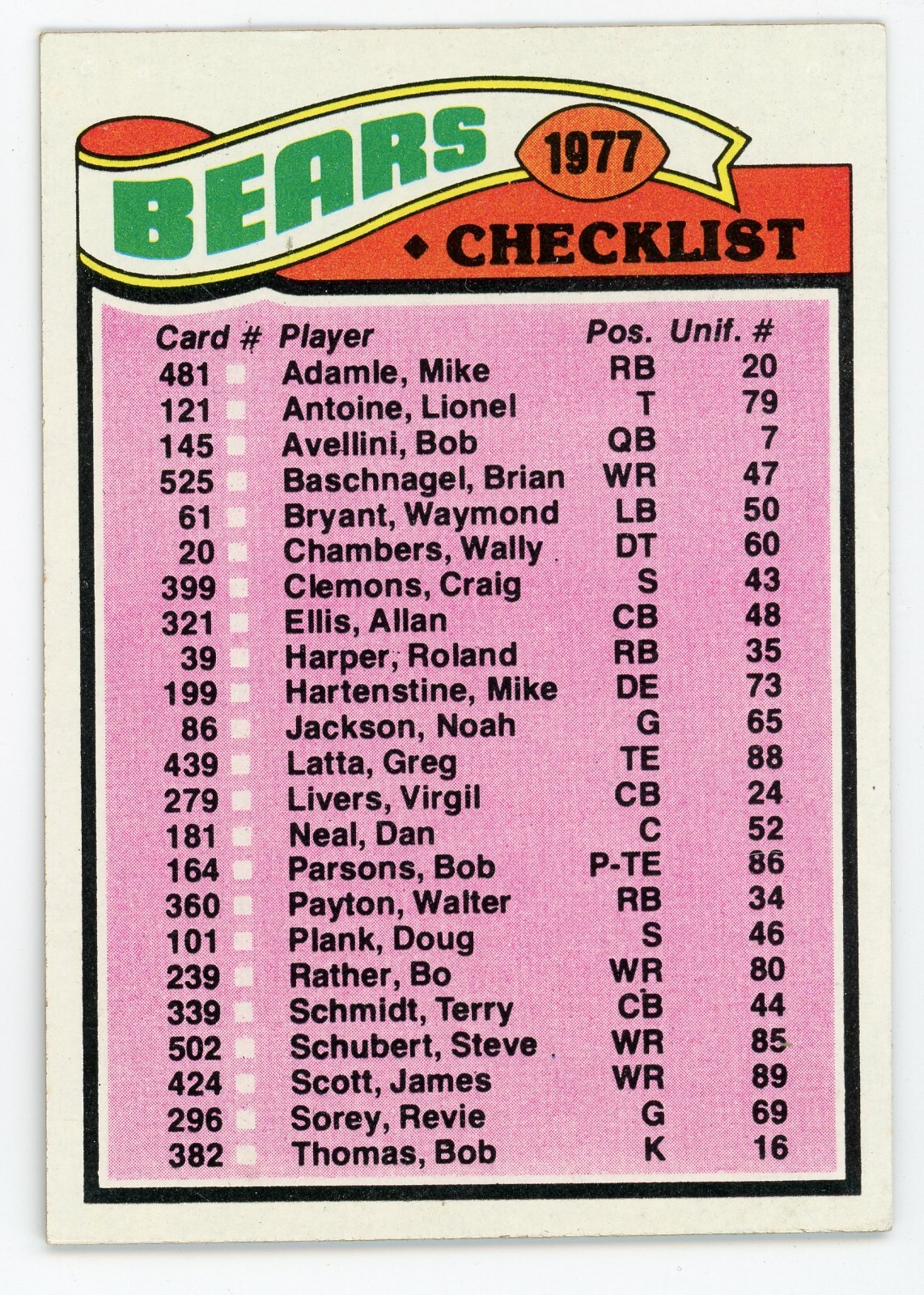1977 Topps Chicago Bears Team Checklist Unmarked #204 Ex-Mt