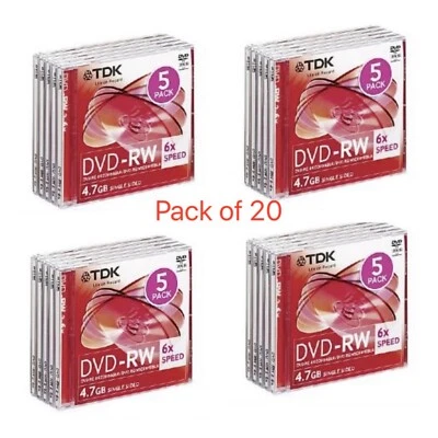 20 discos DVD-RW en blanco TDK 2x - 6x 4,7 GB 120 minutos estuche delgado joya regrabable