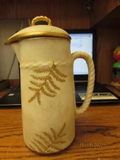 antique 8" tall ceramic pitcher with lid embossed gold fern leaves