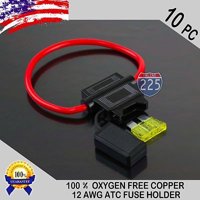 10 Pack 12 Gauge ATC In-Line Blade Fuse Holder 100% OFC Copper Wire + 1A - 40A