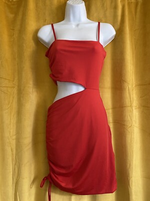 Spaghetti BodyCon Cut Out Ruched Side Short Dress Women Medium Red | eBay