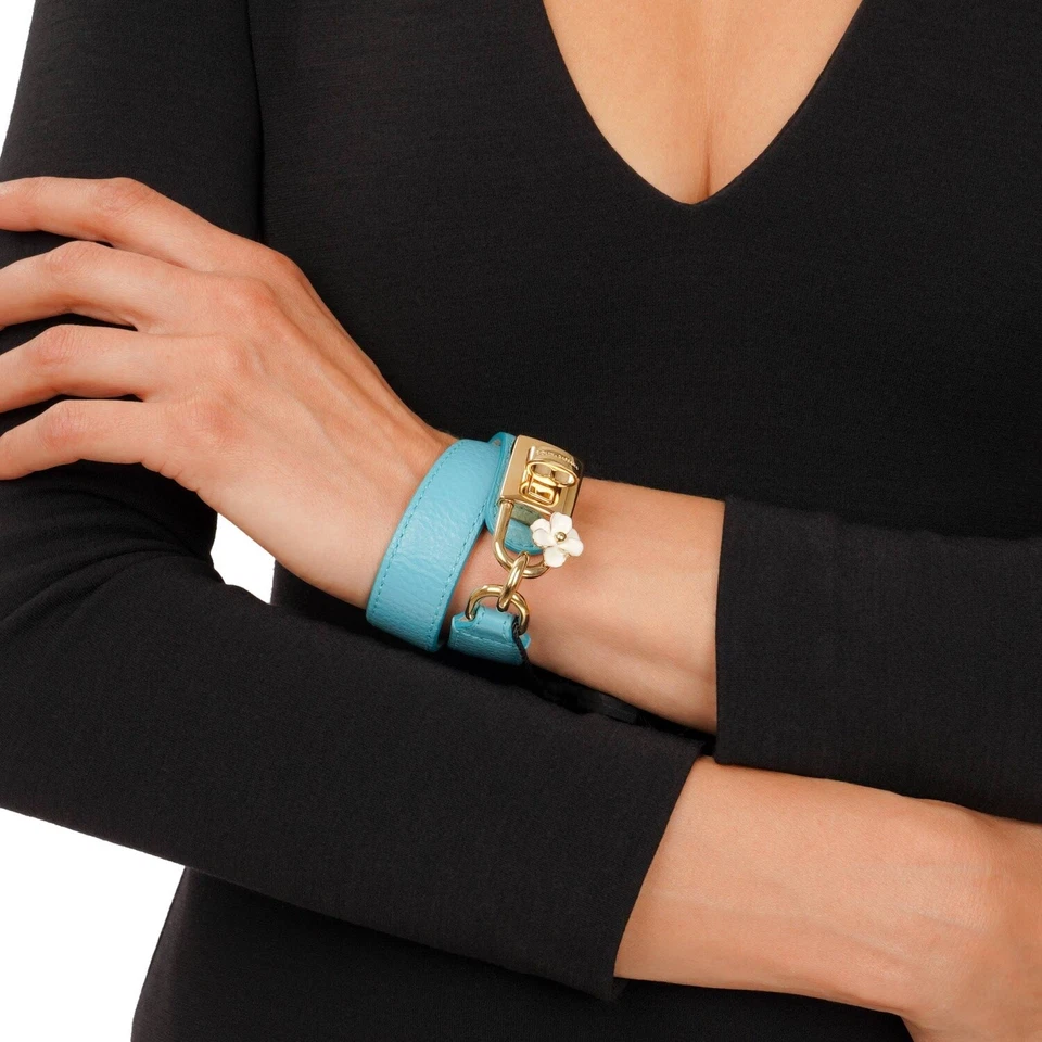 DOLCE & GABBANA Flor DG Pingente de Bloqueio Pulseira de Couro Ouro Azul P Pequeno 13123 - Imagem 4 de 4