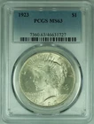 1923 Peace Silver Dollar S$1 Coin  PCGS MS-63   (37G)