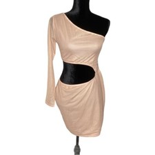 Prettylittlething Mesh Print Cut Out One Shoulder Dress NWT Bodycon Nude Lined