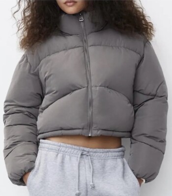 PULL And BEAR Cropped quilted Jacket Puffer Gray Sz S NWOT