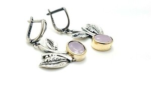 Artisan Handmade 925 Sterling Silver Bronze Pink Quartz Women's Dangle Earrings 