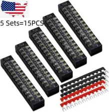 15pcs 5 Sets 12 Positions Dual Row 600V 15A Screw Terminal Strip Blocks w/ Cover