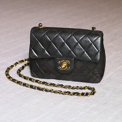 CHANEL Vintage 90s Black Lambskin Leather Classic Flap Quilted Mini Shoulder  Bag