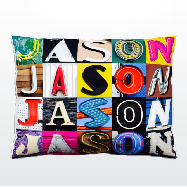 Personalized Pillow featuring the name JASON in photos of sign letters