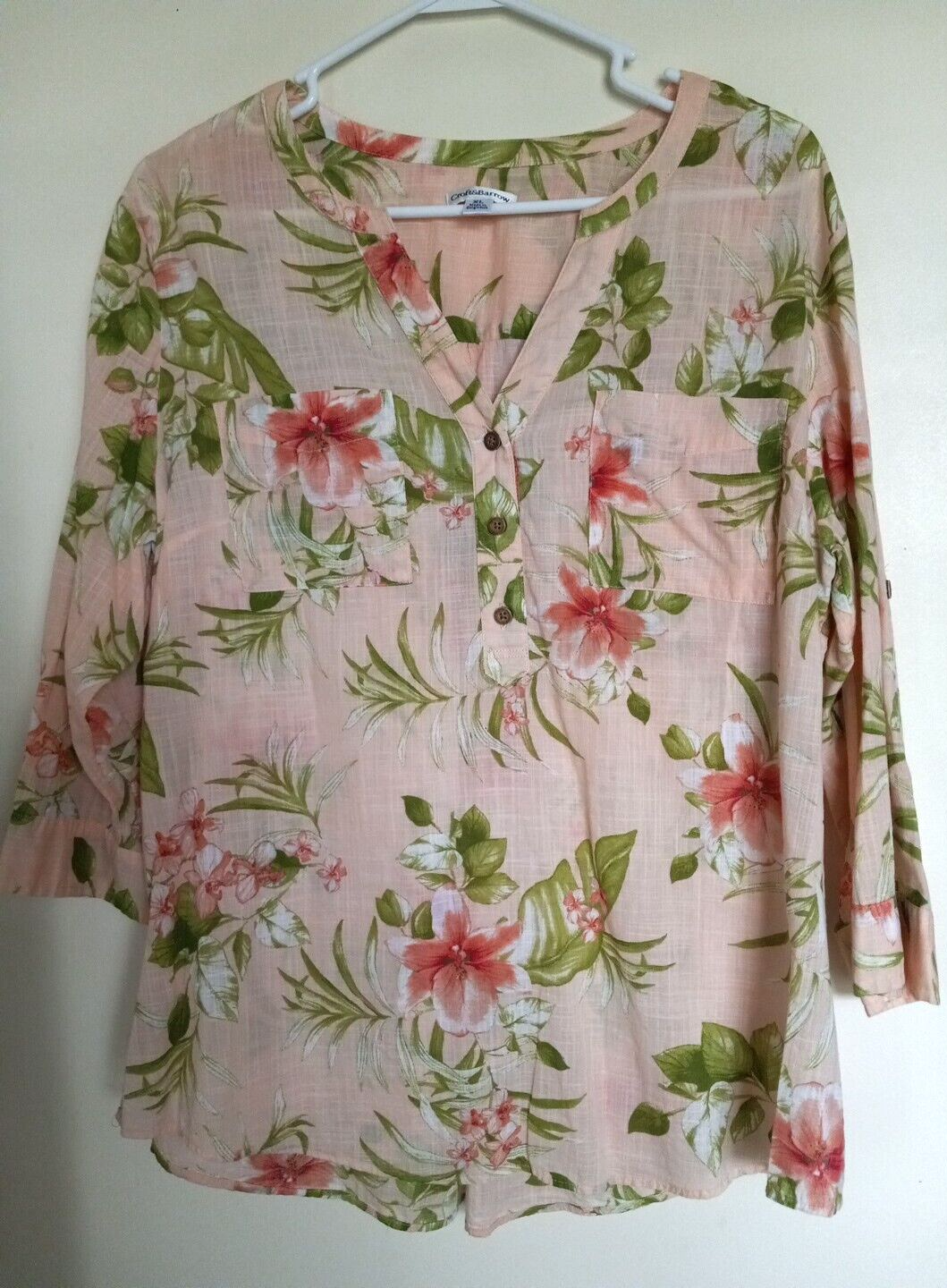 Top Croft & Barrow para mujer talla XL estampado de flora melocotón 1/2 botón delantero