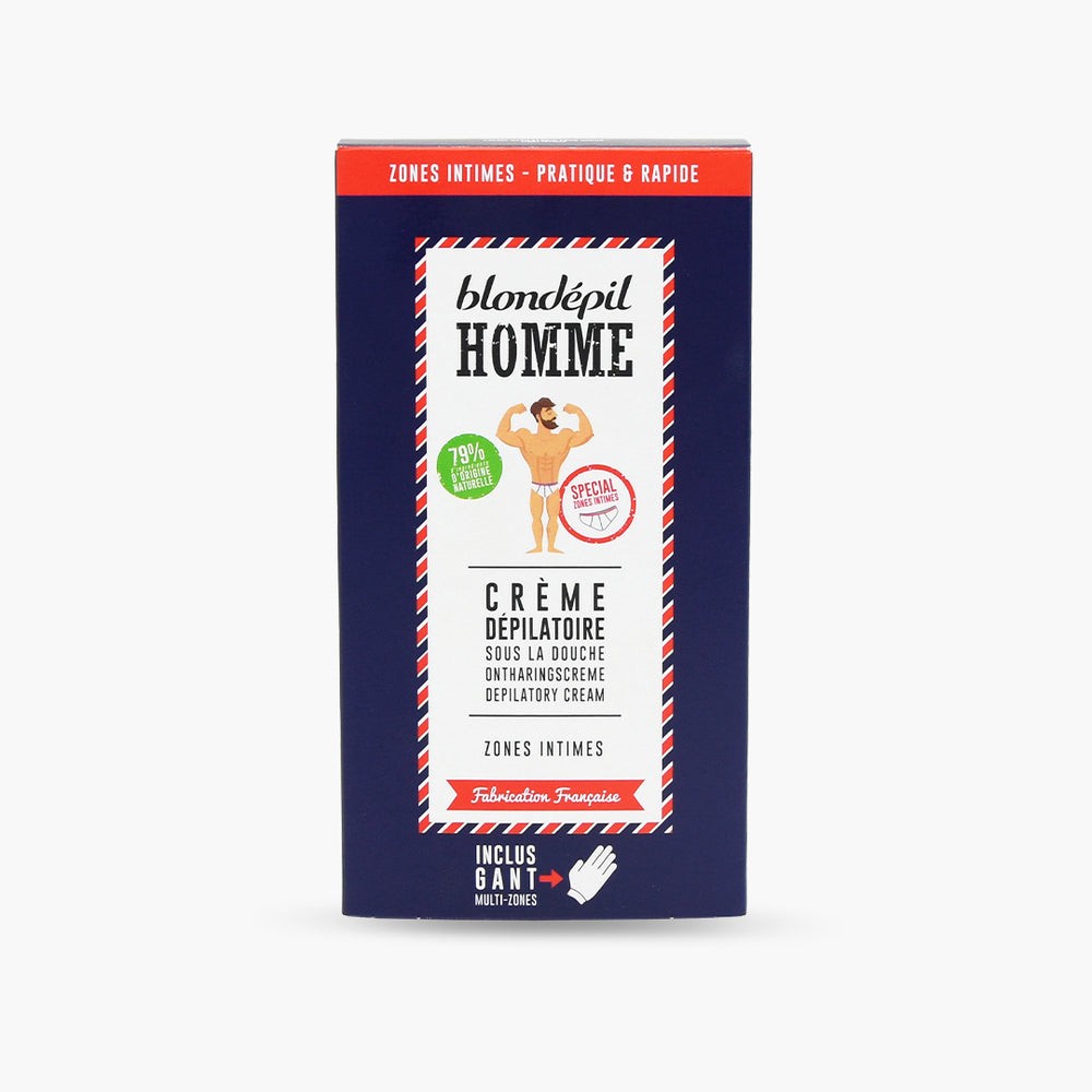 Crème dépilatoire zones intimes homme Blondépil avec gant exfoliant pour peau sensible