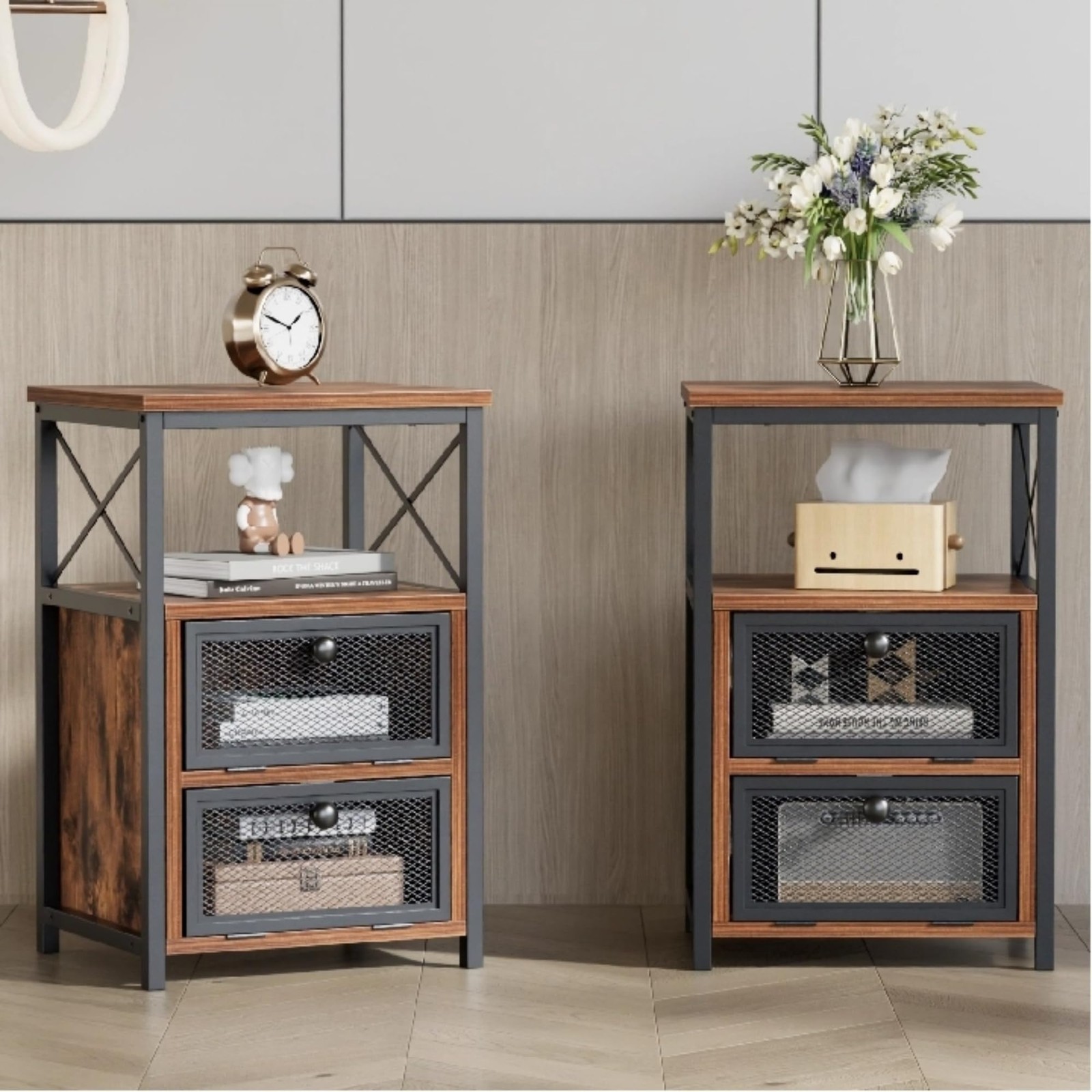 Set Of 2, End Table With Flip Drawer, Modern Night Stand For