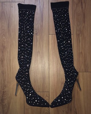 Rhinestone Knee High Crystal Stretch Legging Pointed Toe Heels 39 /8.5 US