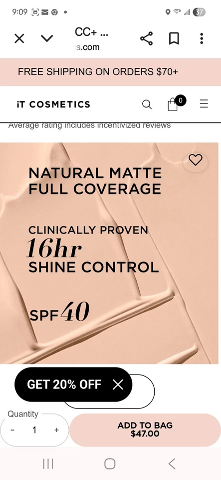 IT Cosmetics CC+ Oil Free Matte Poreless Finish Cream SPF 40 **FAIR** 1.08 fl oz - Image 4 of 4