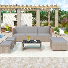 Rattan Garden Furniture Set Sofa Table Recliner Chair Set Patio Outdoor Kahki