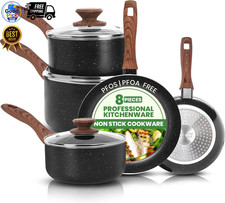 8 Piece Non Stick Granite Cookware Set Induction Pots Pans Frying Saucepan Black