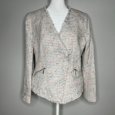 MNG by Mango Women's Tweed Speckled Blazer Coat Jacket Size 8 Asymmetrical Zip