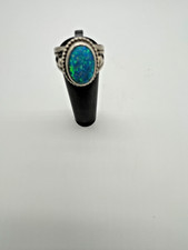 Vintage Sterling Silver Ring Size 7 Oval Blue Green Opal Cabochon Boho Jewelry