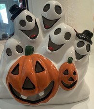 VTG Ceramic Halloween 5 Ghosts 2 Pumpkin Jack O Lantern Light Up Figurine 80's