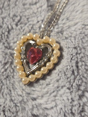 VTG Avon Dear Heart Silver Tone Faux Pearl & Rhinestone Pendant Necklace 18.75 