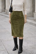 Vintage Suede Leather Pencil Skirt Olive Green Midi Women Size 16 High Waist