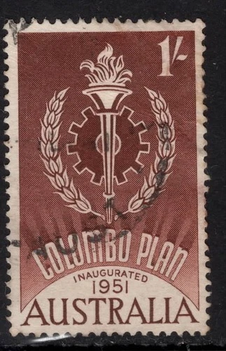 AUST  1961  1/- RED-BROWN COLOMBO PLAN STAMP VFU