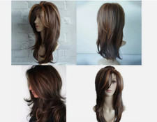 Women Dark Brown w/Gold Highlight Ombre Shoulder Length Curly Hair Wig  / /