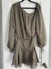 House Of CB Ash Green Off Shoulder mini Dress Wilhelmina sheer size S Flounce