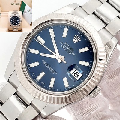 Rolex Datejust II 116334 Blue Index White Gold Fluted Bezel Steel Box Papers
