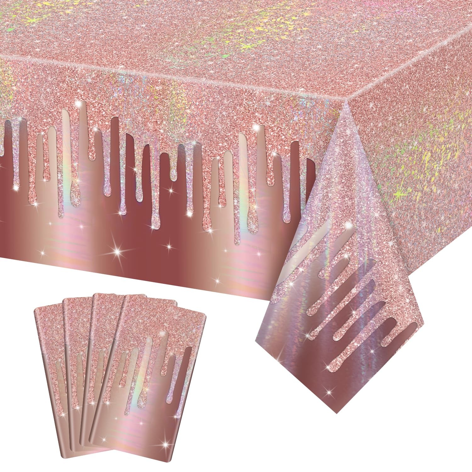 4 Pack Rose Gold Table Cloths, 51 x 86 inches Rose Gold Glitter Tablecloth fo...
