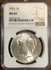 1923 US $1 Peace Dollar NGC MS-64 Brilliant Luster Exceptional Details