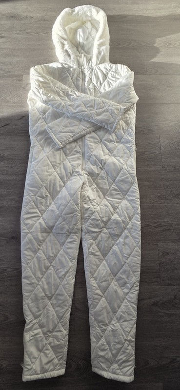 Women's White One Piece Snowsuit With Fir Lined Hood - Size M