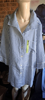 IC by Connie K 1X Blue & White Striped Zipper Shirt