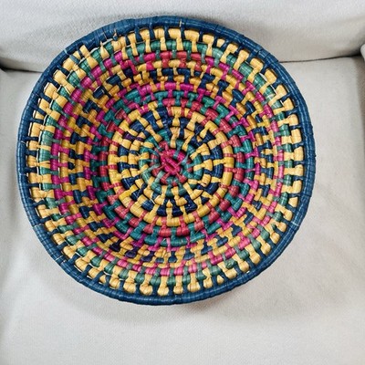 Hand Woven Round Coiled Basket Colored Raffia Covered Rope 12 