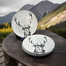 NEW Harvest Green Studio Deer Head w/Antlers Dinner Plates Gold Trim (4) In Box