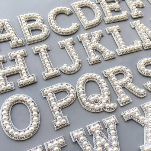 1 Pcs A-Z Letter Pearl Patches Rhinestone Sew Iron on Applique Alphabet Badge - Bild 3 von 11